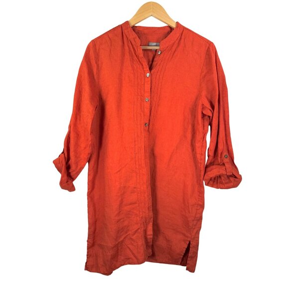 J.Jill Roll Tab Sleeve‎ Orange tunic button down Linen shirt sz M - Picture 1 of 6